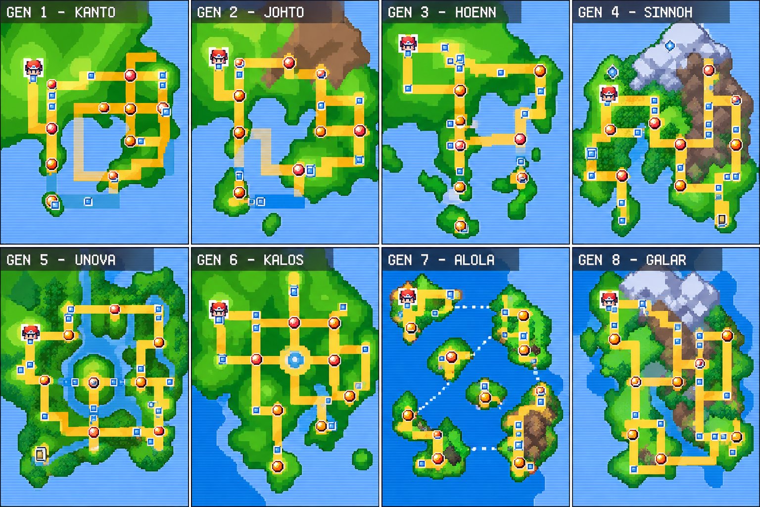 As 8 regiões de Pokémon: Kanto, Johto, Hoenn, Sinnoh, Unova, Kalos, Alola e Galar